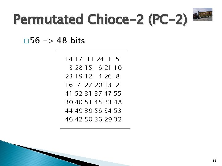 Permutated Chioce-2 (PC-2) � 56 -> 48 bits 14 3 23 16 41 30