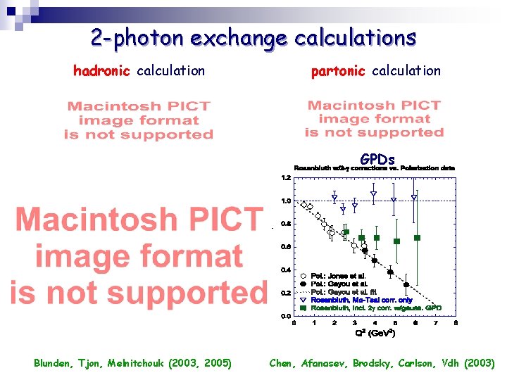 2 -photon exchange calculations hadronic calculation partonic calculation GPDs Blunden, Tjon, Melnitchouk (2003, 2005)