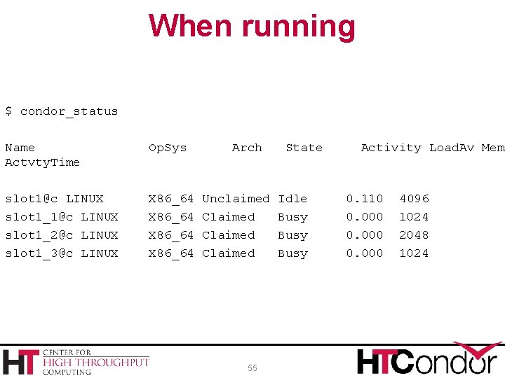 When running $ condor_status Name Actvty. Time Op. Sys slot 1@c LINUX slot 1_2@c