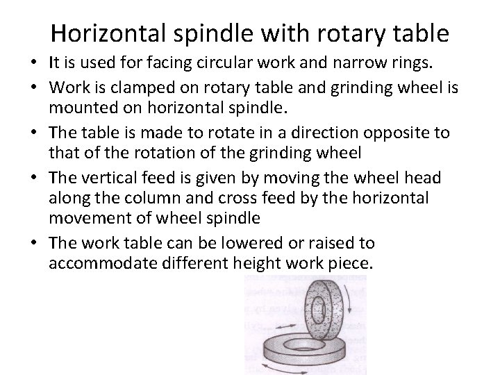 Horizontal spindle with rotary table • It is used for facing circular work and