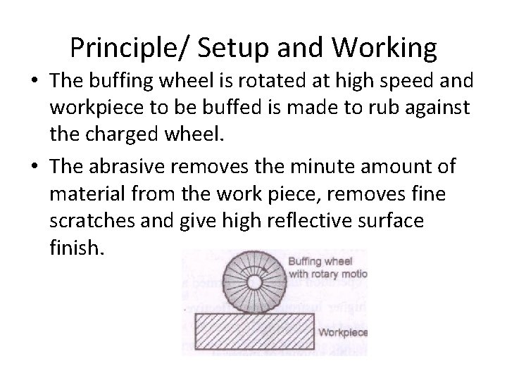 Principle/ Setup and Working • The buffing wheel is rotated at high speed and