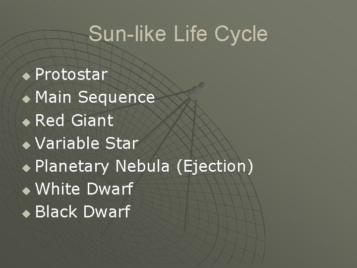 Sun-like Life Cycle Protostar u Main Sequence u Red Giant u Variable Star u