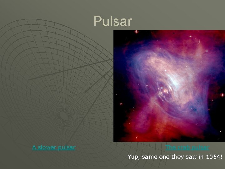 Pulsar A slower pulsar The crab pulsar Yup, same one they saw in 1054!