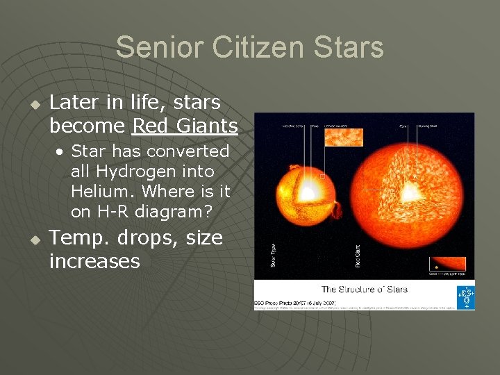 Senior Citizen Stars u Later in life, stars become Red Giants • Star has