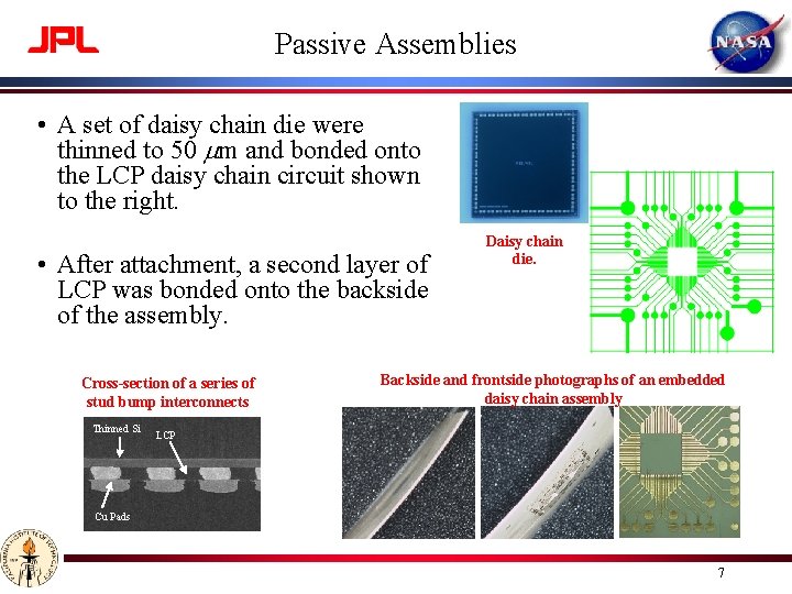 Passive Assemblies • A set of daisy chain die were thinned to 50 mm