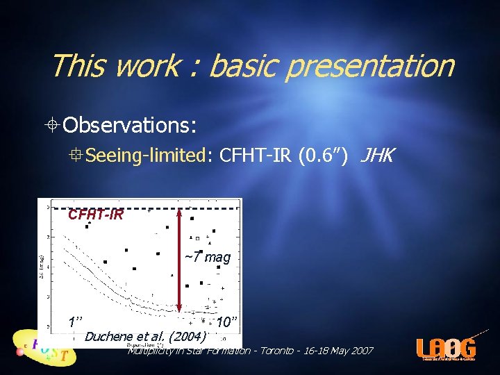 This work : basic presentation Observations: Seeing-limited: CFHT-IR (0. 6”) JHK CFHT-IR ~7 mag