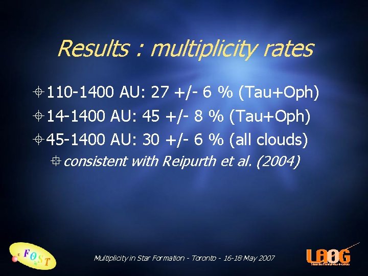 Results : multiplicity rates 110 -1400 AU: 27 +/- 6 % (Tau+Oph) 14 -1400