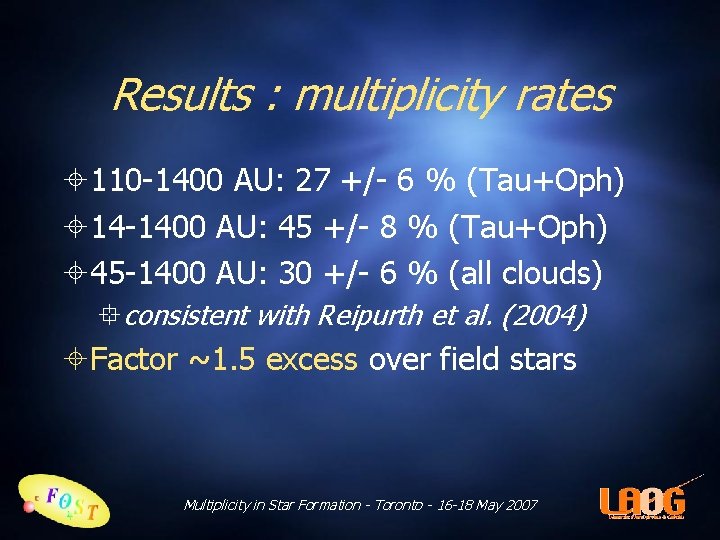 Results : multiplicity rates 110 -1400 AU: 27 +/- 6 % (Tau+Oph) 14 -1400