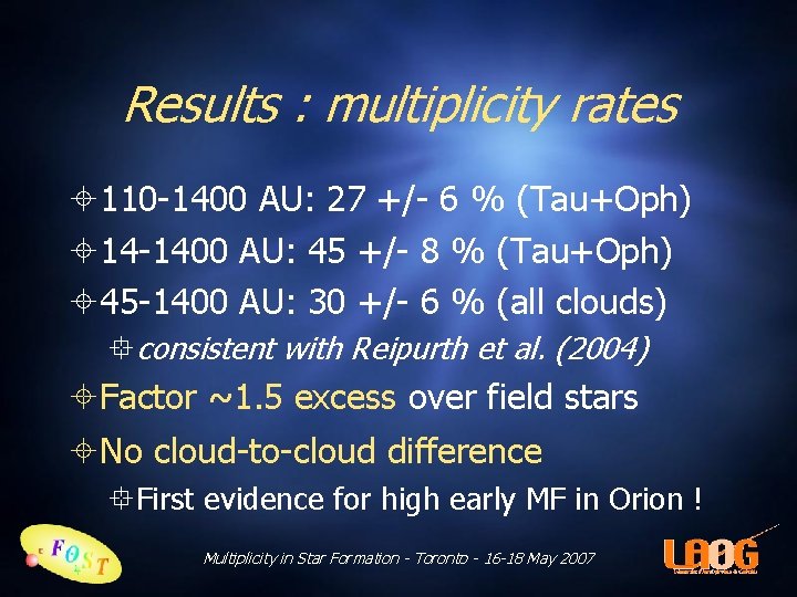 Results : multiplicity rates 110 -1400 AU: 27 +/- 6 % (Tau+Oph) 14 -1400