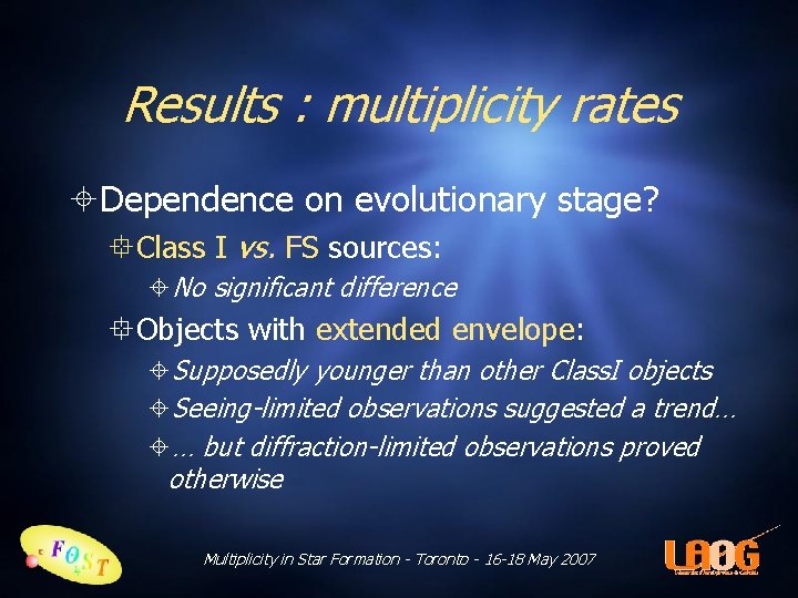 Results : multiplicity rates Dependence on evolutionary stage? Class I vs. FS sources: No