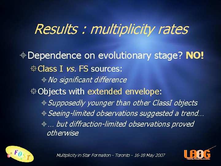 Results : multiplicity rates Dependence on evolutionary stage? NO! Class I vs. FS sources: