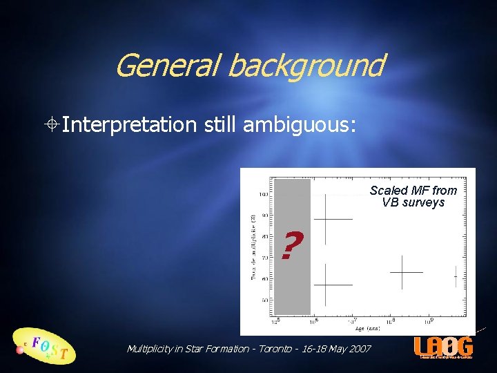 General background Interpretation still ambiguous: Scaled MF from VB surveys ? Multiplicity in Star