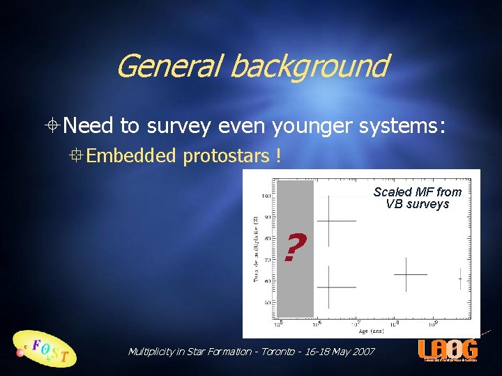 General background Need to survey even younger systems: Embedded protostars ! Scaled MF from