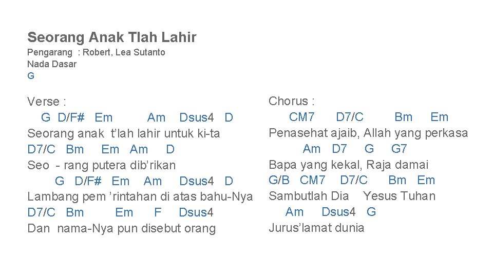 Seorang Anak Tlah Lahir Pengarang : Robert, Lea Sutanto Nada Dasar G Verse :