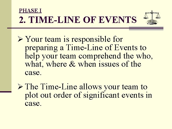 PHASE I 2. TIME-LINE OF EVENTS Ø Your team is responsible for preparing a