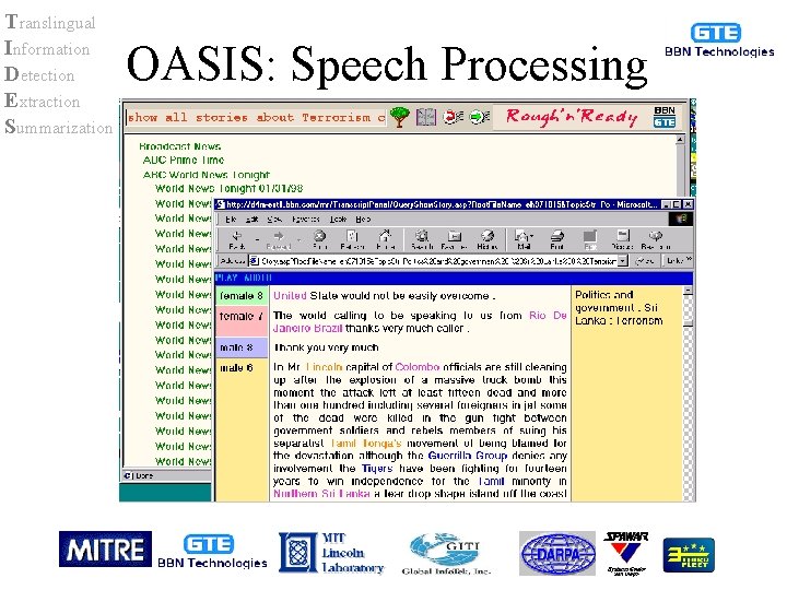 Translingual Information Detection Extraction Summarization OASIS: Speech Processing 