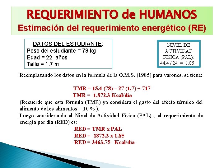 REQUERIMIENTO de HUMANOS Estimación del requerimiento energético (RE) DATOS DEL ESTUDIANTE: Peso del estudiante