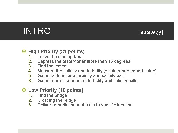 INTRO High Priority (81 points) 1. 2. 3. 4. 5. 6. Leave the starting