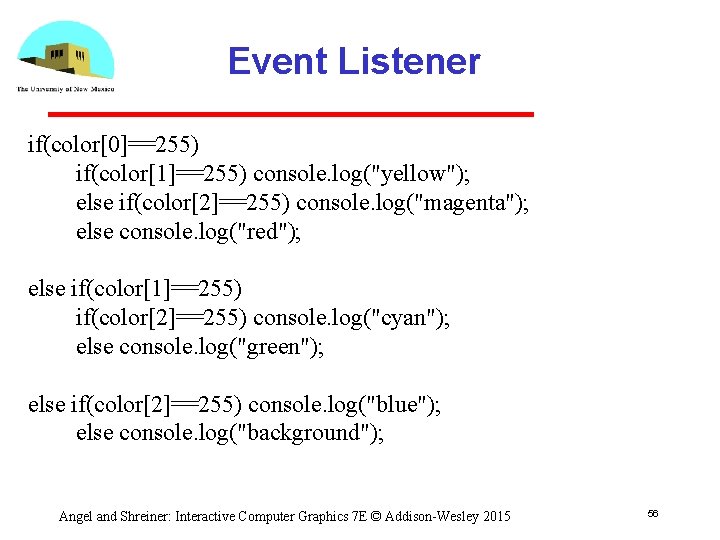 Event Listener if(color[0]==255) if(color[1]==255) console. log("yellow"); else if(color[2]==255) console. log("magenta"); else console. log("red"); else