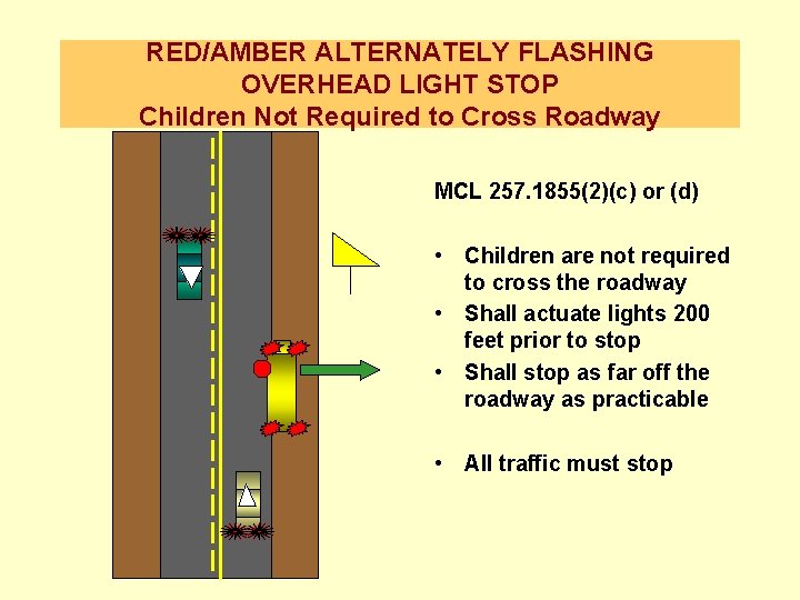 RED/AMBER ALTERNATELY FLASHING OVERHEAD LIGHT STOP Children Not Required to Cross Roadway MCL 257.