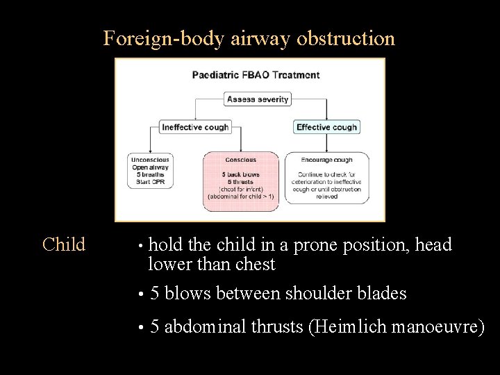 Foreign-body airway obstruction Child hold the child in a prone position, head lower than