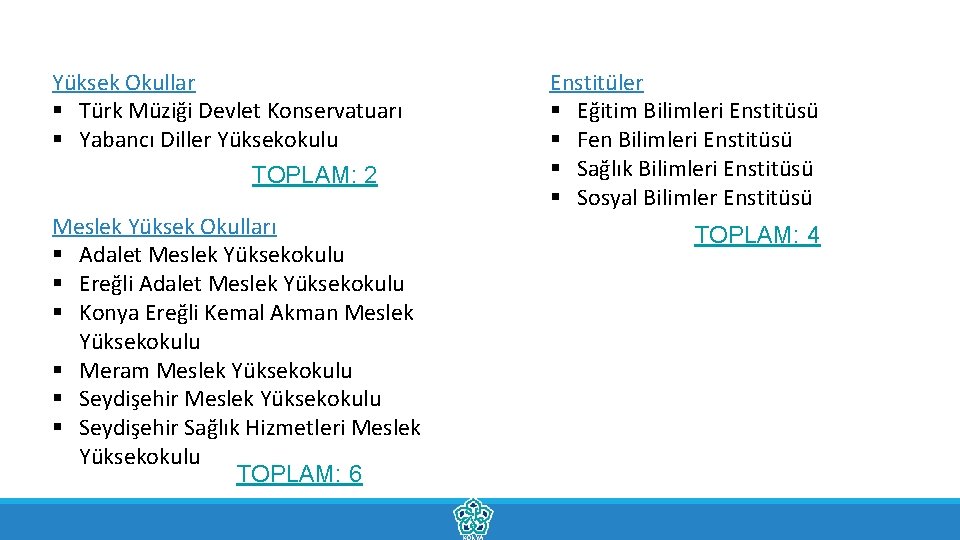 Yüksek Okullar § Türk Müziği Devlet Konservatuarı § Yabancı Diller Yüksekokulu TOPLAM: 2 Meslek