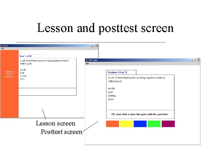 Lesson and posttest screen Lesson screen Posttest screen 