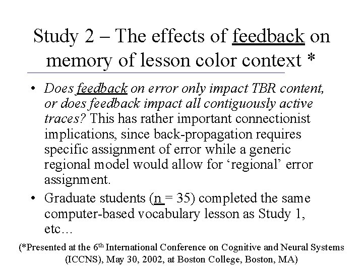 Study 2 – The effects of feedback on memory of lesson color context *