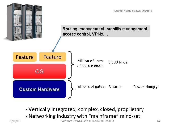 Source: Nick Mckeown, Stanford Routing, management, mobility management, access control, VPNs, … Feature OS