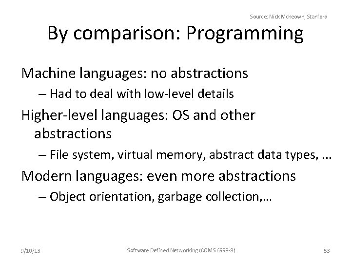 Source: Nick Mckeown, Stanford By comparison: Programming Machine languages: no abstractions – Had to