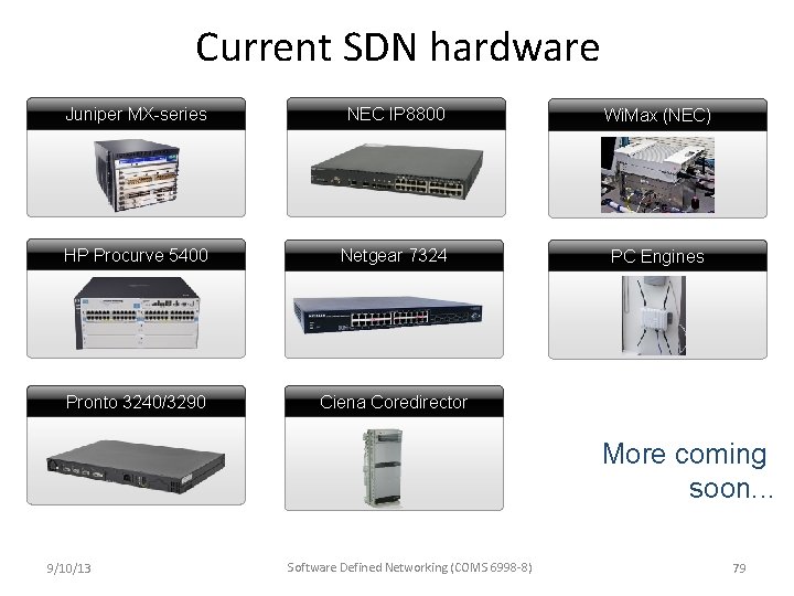 Current SDN hardware Juniper MX-series NEC IP 8800 Wi. Max (NEC) HP Procurve 5400