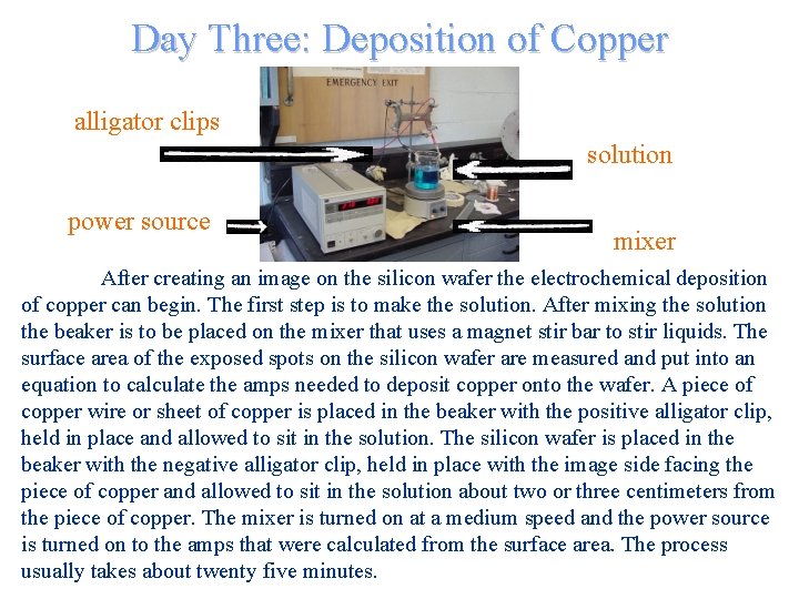 Day Three: Deposition of Copper alligator clips solution power source mixer After creating an