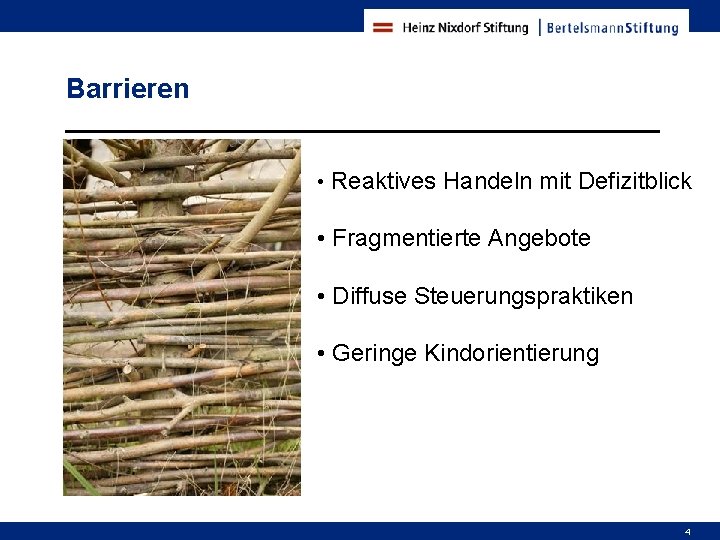 Barrieren • Reaktives Handeln mit Defizitblick • Fragmentierte Angebote • Diffuse Steuerungspraktiken • Geringe