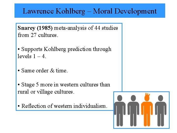 Lawrence Kohlberg – Moral Development Snarey (1985) meta-analysis of 44 studies from 27 cultures.