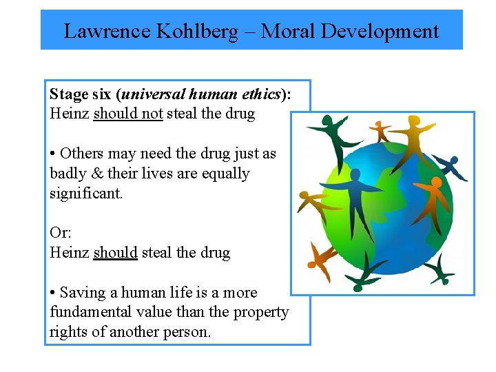 Lawrence Kohlberg – Moral Development Stage six (universal human ethics): Heinz should not steal