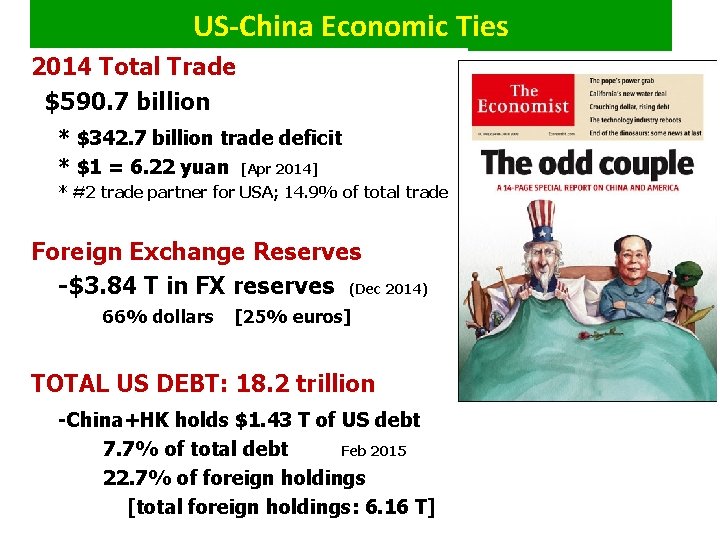 US-China Economic Ties 2014 Total Trade $590. 7 billion * $342. 7 billion trade