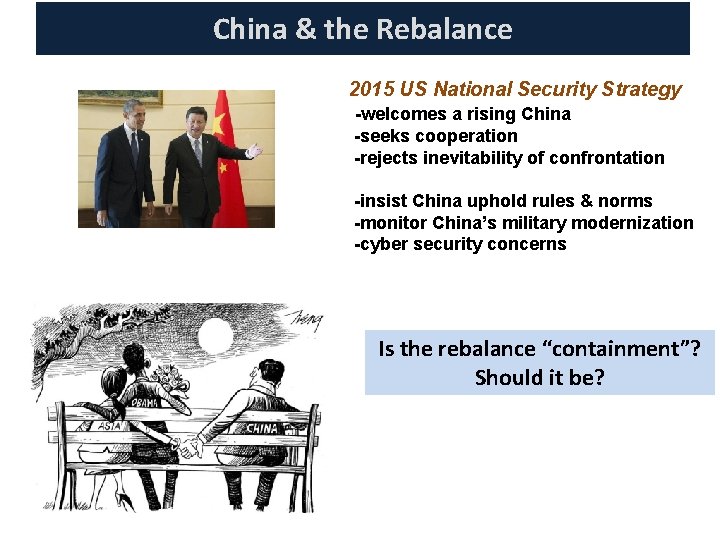 China & the Rebalance 2015 US National Security Strategy -welcomes a rising China -seeks