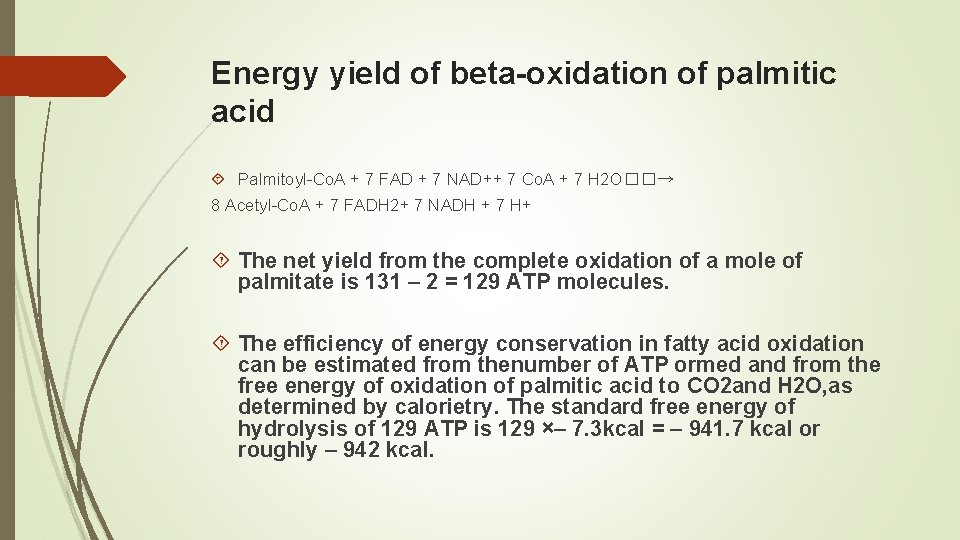 Energy yield of beta-oxidation of palmitic acid Palmitoyl-Co. A + 7 FAD + 7
