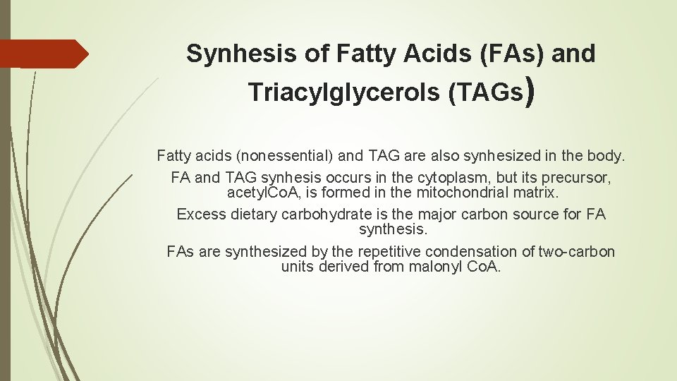 Synhesis of Fatty Acids (FAs) and Triacylglycerols (TAGs) Fatty acids (nonessential) and TAG are