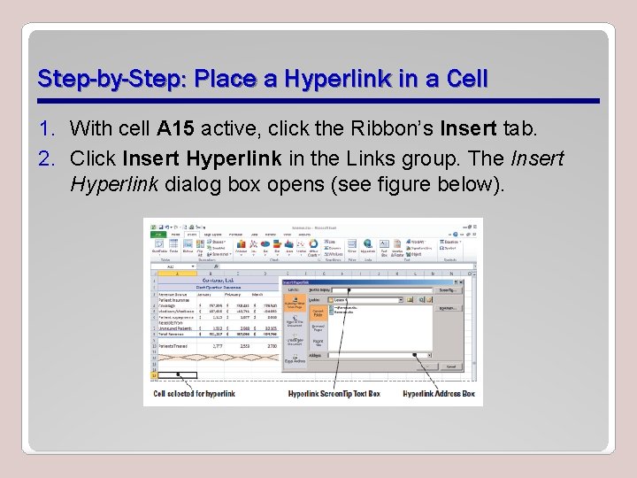 Step-by-Step: Place a Hyperlink in a Cell 1. With cell A 15 active, click