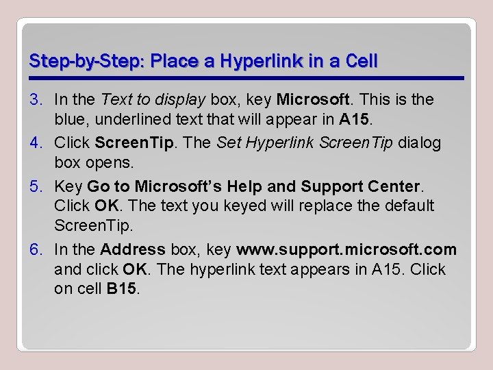 Step-by-Step: Place a Hyperlink in a Cell 3. In the Text to display box,