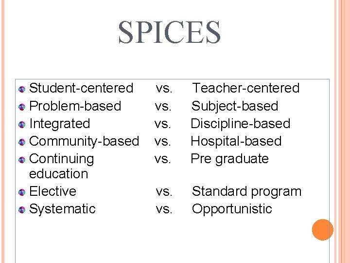 SPICES Student-centered Problem-based Integrated Community-based Continuing education Elective Systematic vs. vs. vs. Teacher-centered Subject-based