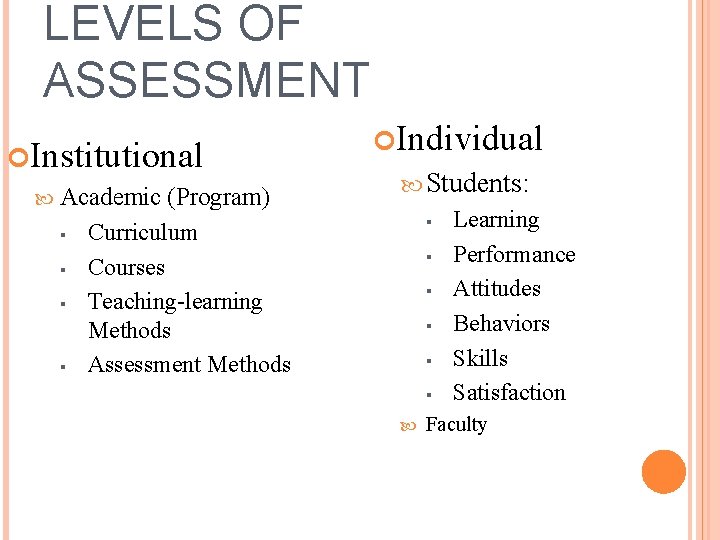 LEVELS OF ASSESSMENT Institutional Academic § § (Program) Curriculum Courses Teaching-learning Methods Assessment Methods