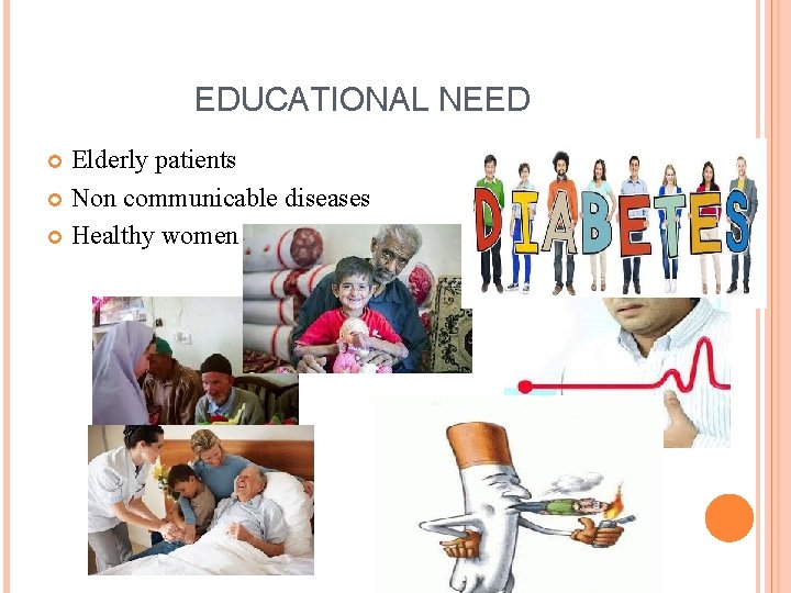 EDUCATIONAL NEED Elderly patients Non communicable diseases Healthy women 