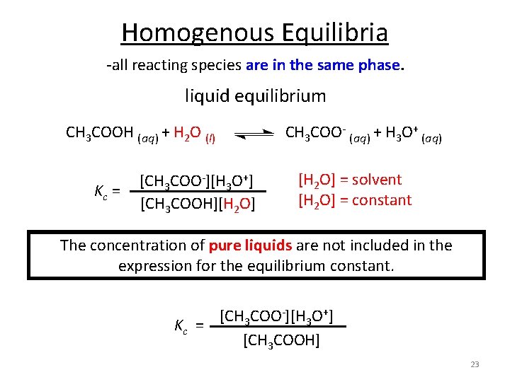 Homogenous Equilibria -all reacting species are in the same phase. liquid equilibrium CH 3