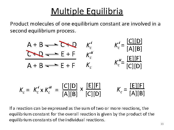 Multiple Equilibria Product molecules of one equilibrium constant are involved in a second equilibrium
