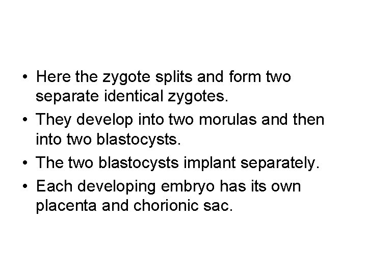  • Here the zygote splits and form two separate identical zygotes. • They