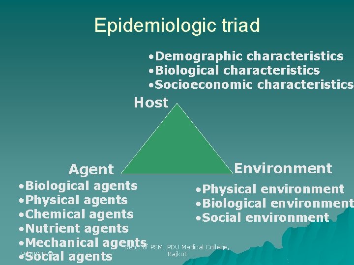 Epidemiologic triad • Demographic characteristics • Biological characteristics • Socioeconomic characteristics Host Agent Environment