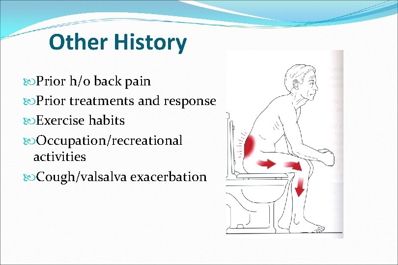 Other History Prior h/o back pain Prior treatments and response Exercise habits Occupation/recreational activities