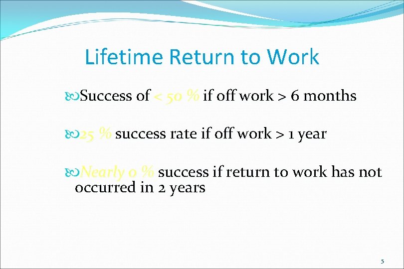 Lifetime Return to Work Success of < 50 % if off work > 6